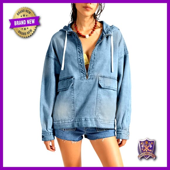 Oversized Denim Pullover Hoodie Half Zip Vintage Distressed Relaxed Fit